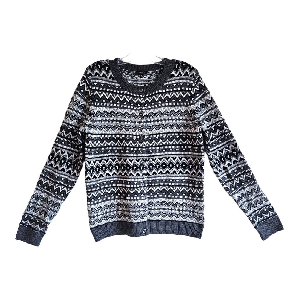 TALBOTS Women M Cardigan Sweater Fair Isle Beaded Gray Black Lambswool Blend 36"